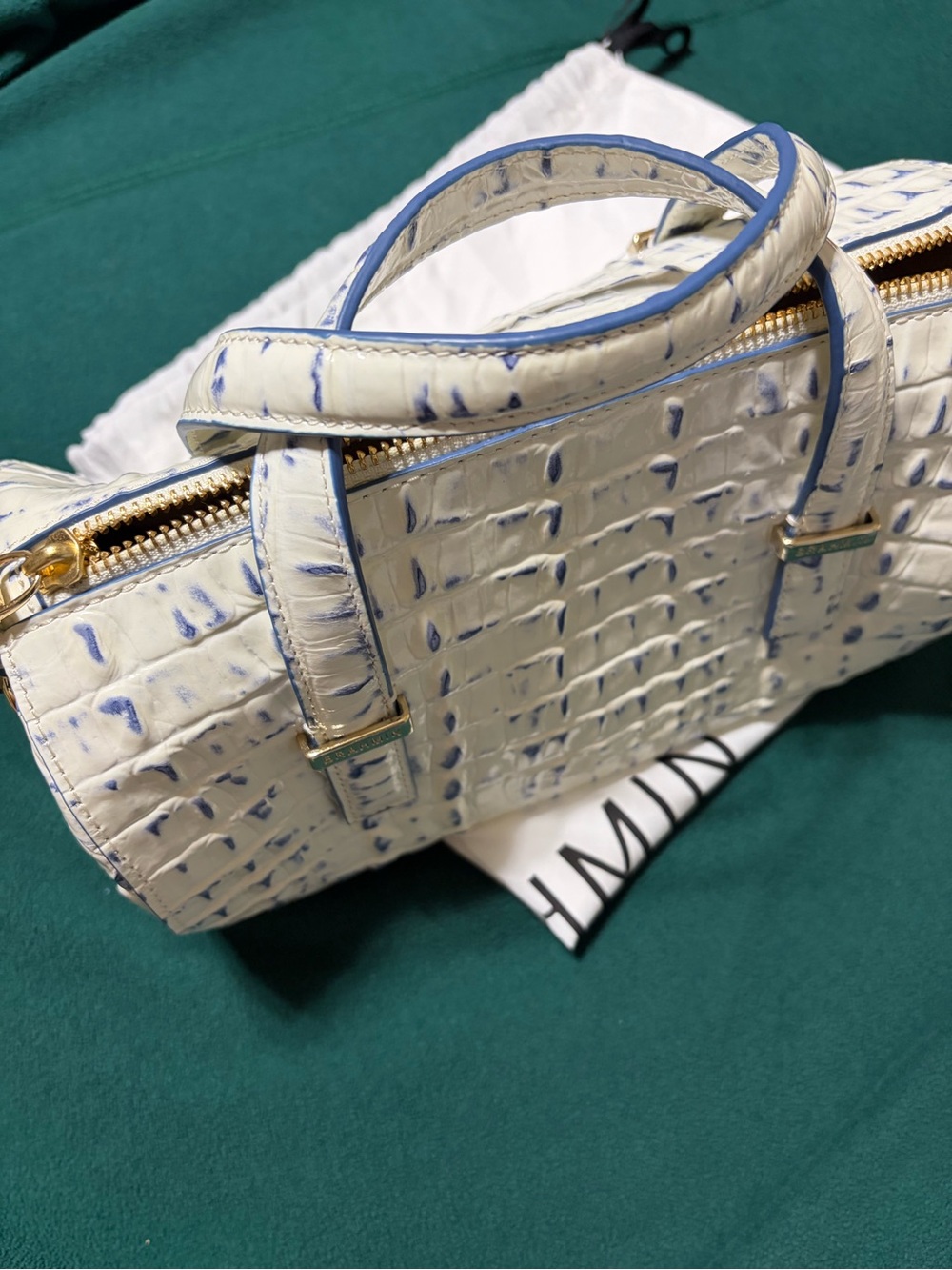 Brahmin White Croc-Embossed Satchel with Blue Trim